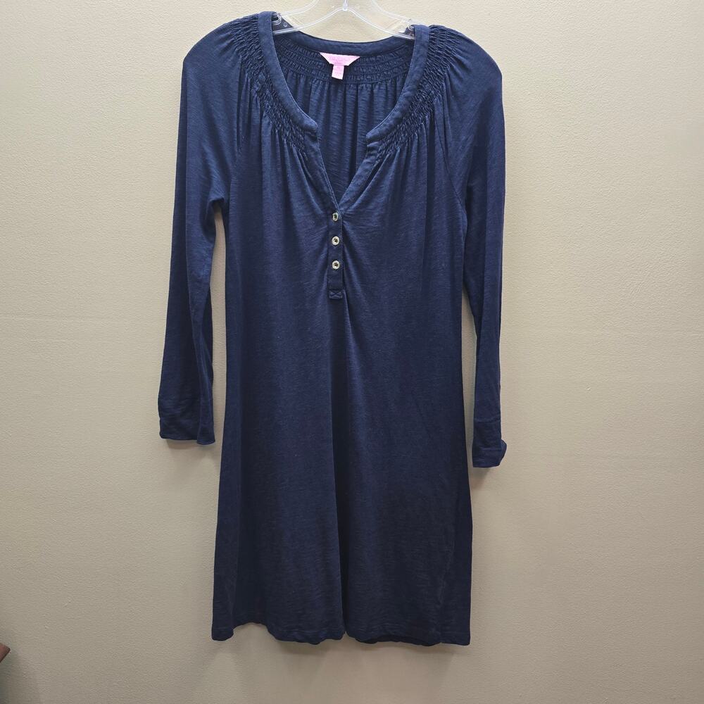 Lilly Pulitzer Teigen Mini Tunic Dress 3/4 Flare Sleeve Smocked Blue Size XS